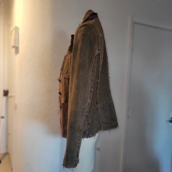 RAW Vintage Distressed Brown Suede Leather Blazer Jacket Applique Buttons M sexy - Picture 5 of 16